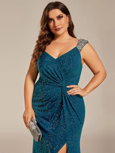 Image of Ever-Pretty Women's Glitter V Neck Sleeveless Plus Size Formal Dresses High Split Bodycon Prom Dress Evening Gowns