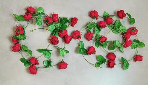 Image of SATYAM KRAFT 2 Lines Artificial Cherry Blossom Rattan Flowers Wall Hanging Flower Decor - Perfect Rose Garland for Home, Office, Wedding, Festival, Ganpati Decoration (2, Peony line Red)