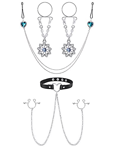 Yaalozei Fake Nipple Rings Adjustable Nipple Noose Piercing Rings Nipple Chains Fake Nipple Piercing Clip on Nipple Rings Clamps Faux Body Piercing Non Piercing Nipple Ring Piercing Jewelry for Women