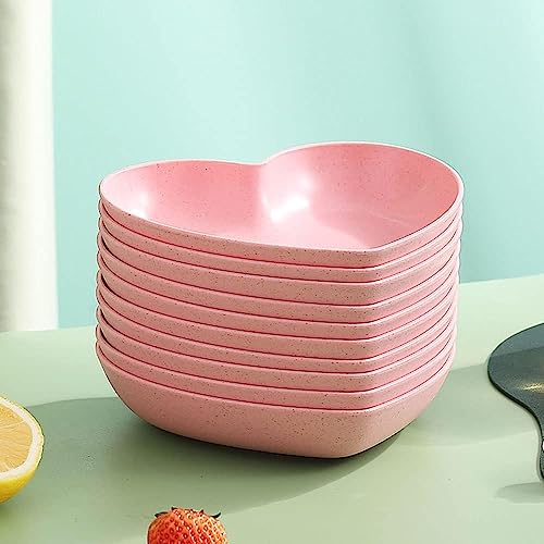 Image of Heart-Shaped Dessert, Salad & Snack Plates - Set of 10 Pink Plastic Dishes for Fruits, Steak, Appetizers | Lightweight, Eco-Friendly, Unbreakable Fiber Plates for Parties & Everyday Use