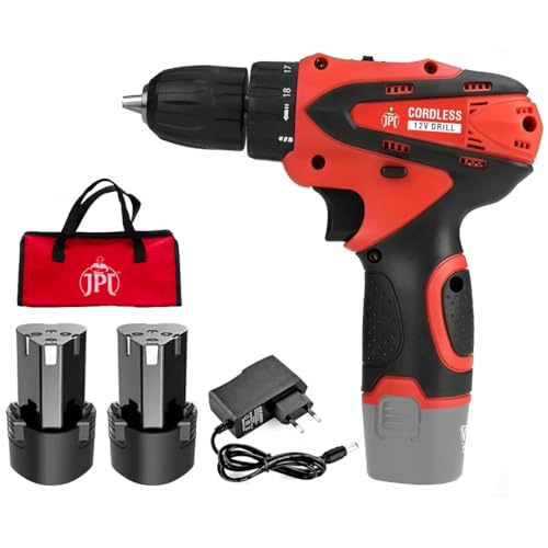 Image of JPT 12V Powerful Cordless Drill Machine | 1350 RPM | 18 Torque | 10MM | 1.50 KW | 2 Speed Gear | 2x Batteries | Fast Charger | Keyless Chuck | Carrying Bag