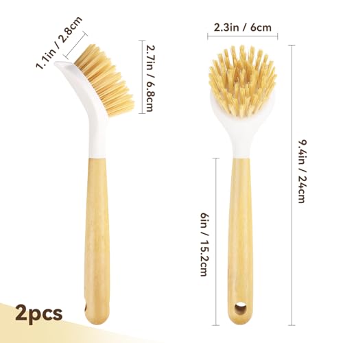 Image of 2 Pack Kitchen Scrub Brushes for Cleaning Dish Brush with Handle for Pans, Pots, Kitchen Sink Cleaning Scrub Brushes (Wooden Handle)