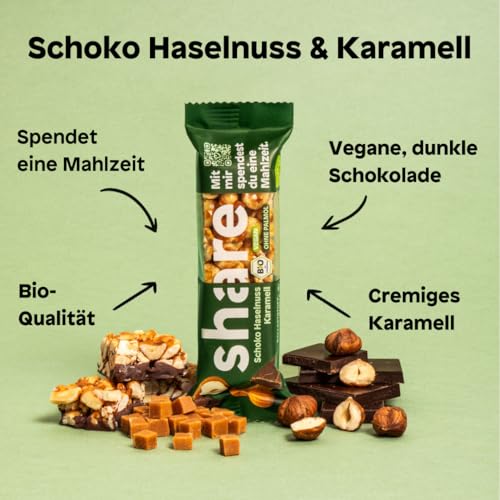 share Bio Nussriegel Schoko Haselnuss Karamell 15 x 35 g – vegan – ohne Palmöl – Bio Snackriegel – Haselnüsse, dunkle Schokolade & Karamell – Spendet Mahlzeiten