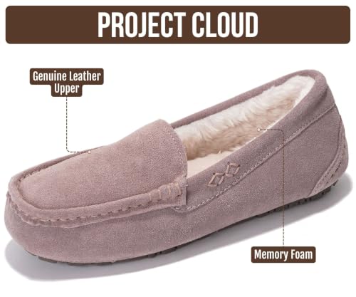 Image of Project Cloud 100% Genuine Leather Slippers for Women - Fur Lined Outdoor Slippers for Women Footwear with Memory Foam - Stylish Womens Moccasin (Cathi)