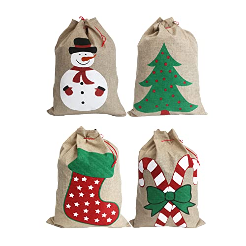 Sparkling Noël 35x50cm Sacs Moyens de. Paquet de 4 Sacs-Cadeaux de Noël en Toile de Jute avec Cordon de Serrage pour friandises de Noël 4 modèles de Bottes d'arbre de Bonhomme de Neige Canne