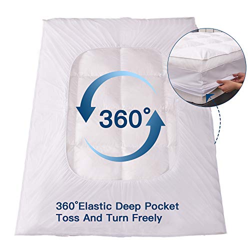 ELEMUSE Queen Size Extra Thick Fusion Goose Down Feather Filled Mattress Topper, Plush Fluffy Double Layer Pillowtop Mattress Pad Cover, Soft Featherbed with 8-21 Inch Deep Pocket