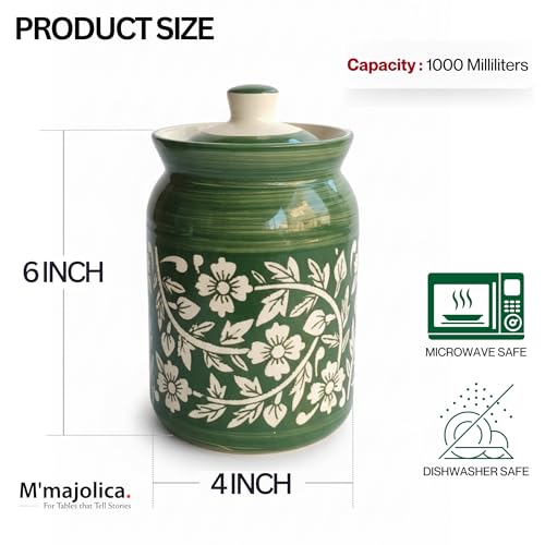 Image of Green Floral Ceramic Handglazed Pickle Jars Set of 2-1000 ML Each | 1 kg Achaar Martban Barni Jar with Lid | Ceramic Storage Jar Container Pickle, Chatney
