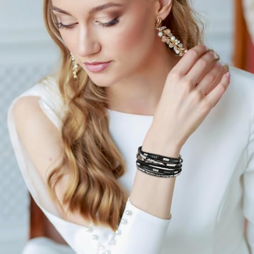 Image of Fesciory Leather Wrap Bracelets for Women, Boho Leopard Multi-Layer Crystal Beads Cuff Bracelet Jewelry