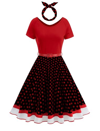 Odizli Rockabilly Kleider Damen Vintage Retro 50er Jahre Audrey Hepburn Petticoat Kleid Sommer Kurzarm Polka Dot Gepunktet Swing A Linie Festlich...