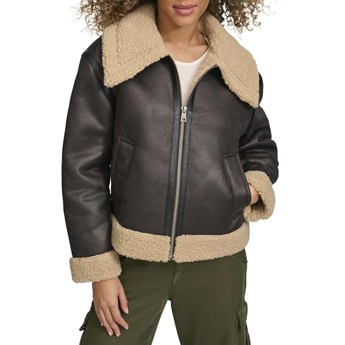 Levi's Women's Faux Shearling Aviator Jacket, Molasses Faux Shearling, Medium