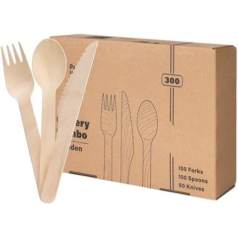 Pantry Value [300 Combo Pack] Compostable Wooden Cutlery Set, 150 Forks - 100 Spoons - 50 Knives Disposable Biodegradable Utensils for Parties, Camping, and Everyday Use - Compostable Utensils Sets Cover