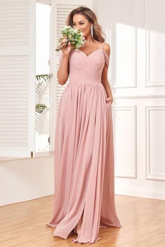 Off Shoulder Long Bridesmaid Dresses with Pockets Chiffon A-line Pleated Formal Dress with Slit2