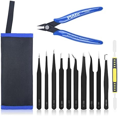 Ainiv Precision Tweezers Set, 11PCS Anti-Static ESD Tweezers Set with 1PCS Micro Wire Cutter for Modeling, Electronic Repair, Handicraft, Laboratory, Jewelry Manufacturing, Hobby etc
