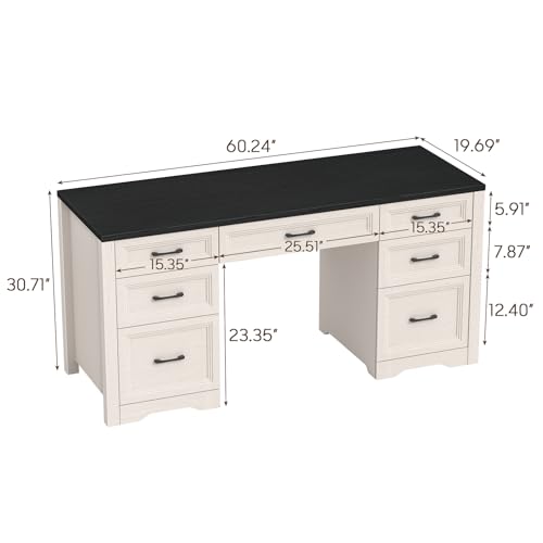 Image of Vabches Farmhouse Executive Desk, Wood Home Office Desk with 2 Large File Drawers and 5 Storage Cabinets, Rustic Writing Desk for Work and Study, Black