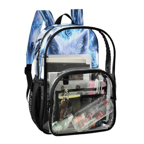 White Wolf Rose Blossom Clear Backpack Heavy Duty See Through Transparent PVC BookBag for Kids Boy Girl School Work2