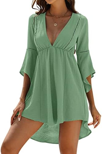 POGTMM Women Swimsuit Cover up 2023 Summer Casual Beach Dress Sexy V Neck Bathing Suit Cover up Dress for Swimwear