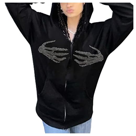 Dam Rhinestone Zip Up Hoodie Sweatshirt Hand Bones Tryckt Sweatshirt Grunge (Color : Black, Size : M)