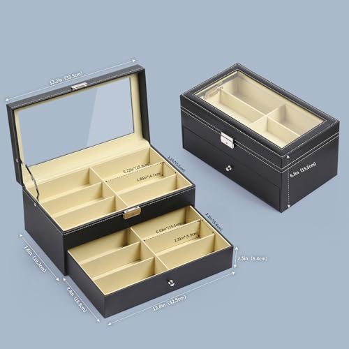 Image of AUTOARK Leather 12 Piece Sunglass Storage Display Case,Black,AW-023 | Eyeglasses Organizer,Drawer Style,Lockable,Glass Top