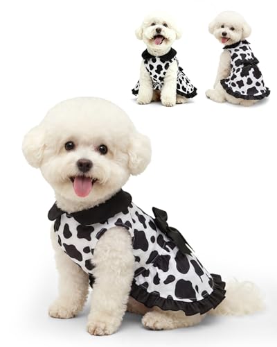 Image of CuteBone Cute Cow Print Pet Dress with Peter Pan Collar - Black & White Spot Pattern - Sleeveless Ruffled Skirt with Bow for Small Dogs, Cats - Adorable Daily & Play Wear