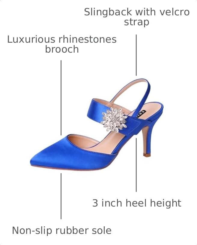 Image of ERIJUNOR Mid Heel Shoes for Women Pointed Toe Slingback Rhinestone Brooch Satin Dress Pumps Evening Prom Wedding Shoes