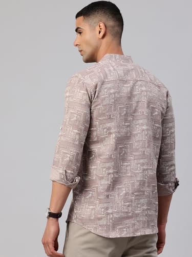Image of Majestic Man Men's Pure Cotton Printed Mandarin Collar Regular Fit Roll-Up Sleeves Short Kurta