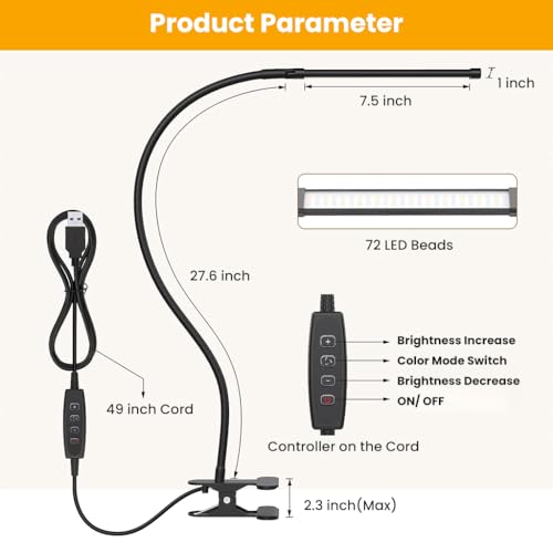 Image of ELEPHANTBOAT Table Lamp for Study Room, 3-Color Dimmable LED USB Table Lamp for Study Desk, Flexible Clamp-On Desk Reading, Study, Work Light for Home Office
