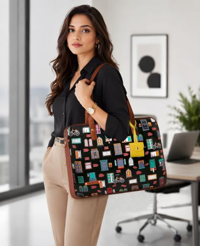 Image of Funk For Hire Women's Black and Brown Printed Faux Leather 15.6 inch Laptop Handbag Sling with Waterproof Nylon Lining Cushioned Sleeve Adjustable Padded Strap Organizer