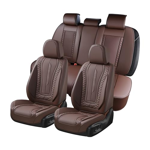 Image of Coverado Car Seat Covers Full Set, Leather Seat Coversfor Cars, Front and Back Seat Covers, Waterproof Car Seat Protectors Car Seat Cushions Universal for Most Vehicles, Coffee