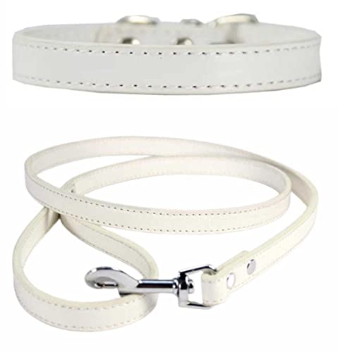 Kombiniertes Set aus Halsband und Leine aus lebendigem Leder für Welpen, kleine, mittlere und große Hunde (XL (Halsumfang 45-55 cm), weiß)