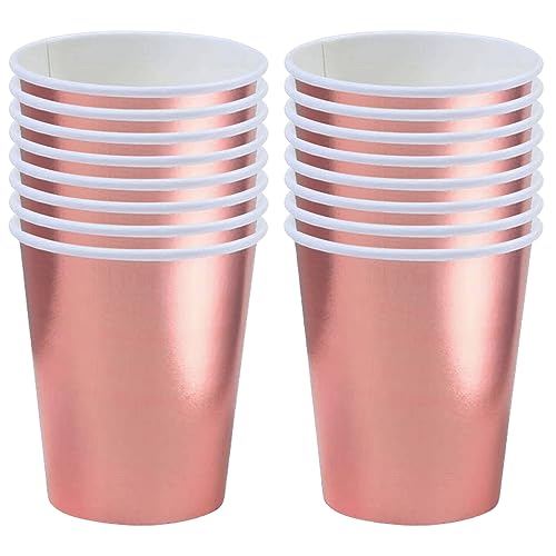 16Pcs Christmas Metallic Rose Gold Party Paper Cups,Xmas Foil Rose Gold Party Tableware Decor Rose Gold Paper Cup Metallic Rose Gold Plates for Christmas Rose Gold Party Supplies Table Decorations