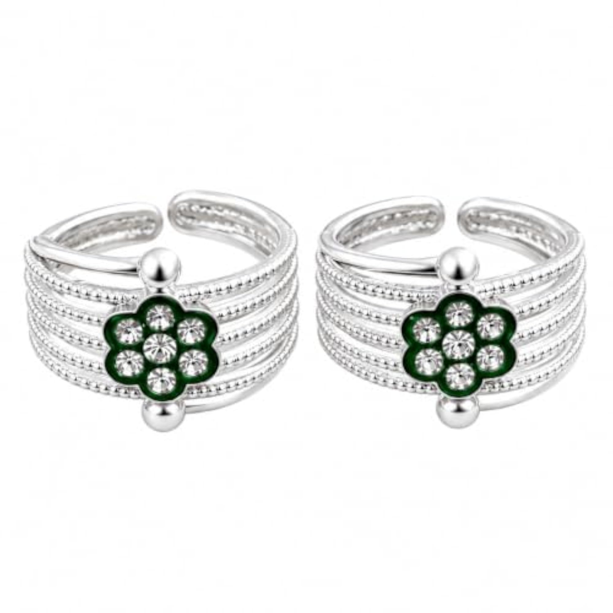 Green Floral Silver-Tone Open Cuff Toe Ring Set for Women and Girls