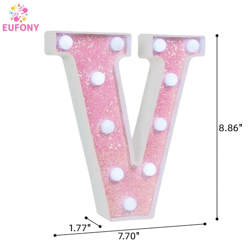 Image of Pink Glitter Marquee Light Up Letters, Battery Operated LED Letter Lights Signs for Pink Birthday Party Table Decorations, Wall Decor for Girls Bedroom, Initial Letter V with Cool White Lights