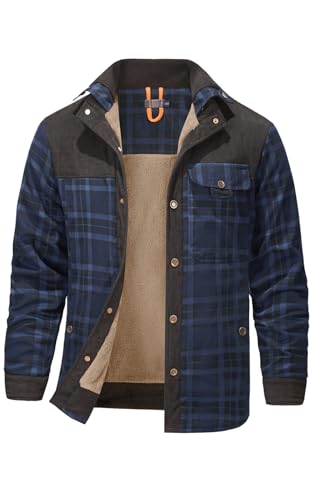 Image of Mr.Stream Men's Padded Lumberjack Casual Long Sleeve Plaid Flannel Lined Button Warm Shirt Sherp Jacket 3251 Dark Blue XL