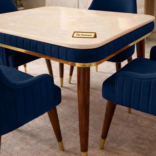 Image of Onyx Elite Modern Dining Table Set 4-Seater Modern Wooden Dining Table Set | 1 Year Warranty | Onyx Top Table with 4 Chairs (Navy Blue)