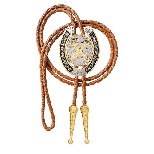 Image of Vintage Western Cowboy Rodeo Initial Letter A-Z Bolo Tie for Men | Premium brown braided leather, adjustable sliding clasp, anti-tarnish alloy pendant, versatile A-Z western bolo tie