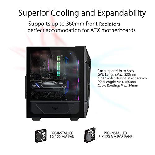 Image of ASUS TUF Gaming GT301 Mid-Tower Gaming Case, ATX Support, Pre-Installed Fans, High Airflow Honeycomb Front Panel, 360mm Radiator Support, Headphone Hanger, 2 x USB 3.2, 2 Year Warranty
