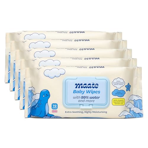 Image of Maate Baby Wipes (Pack of 5, 360 Wipes) | Soothing & Hypoallergenic | Infused With Plant Squalane, Tamanu Oil & Aloe Vera | & Hydrating | Wipe for Baby's | Paraben & Sulphate Free