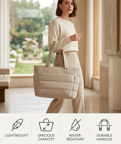 Image of Tote Bag for Women, Lightweight Puffy Quilted Shoulder Bag with Multiple Compartments, Travel Work Gym, Everyday Tote | Lightweight, Puffy Quilted, Multi-Compartment, Versatile, Comfortable (Khaki)