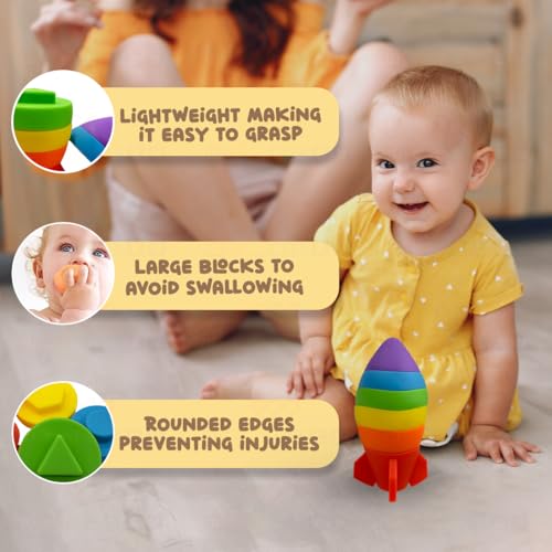 Image of Wembley Rocket Stacking Toy Soft Silicone Educational Baby Toys for 6 Months+ & Toddlers Safe, Food-Grade BPA-Free Floating Water Play Sensory Development Shape Sorting Early Learning, Multicolor