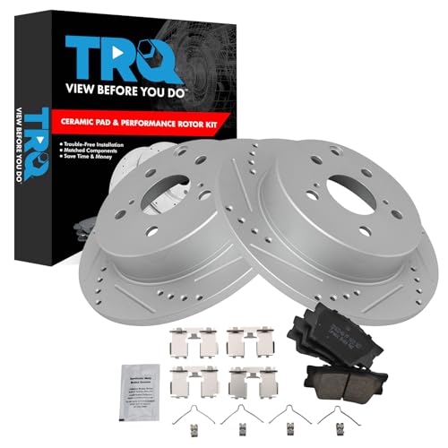 Image of TRQ Performance Rear Brake Pad and Rotor Set Ceramic Coated Drilled Slotted Rotors Compatible with 2010-2012 Lexus HS250h 2006-2018 Toyota RAV4