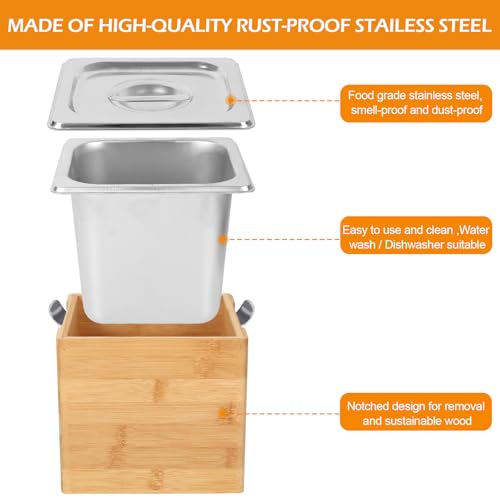 Kitchen Compost Bin,Organic Waste Bin Stainless Steel Food Waste Bin with Cover & Woodenbox,Dishwasher Safe Kitchen Countertop Compost Bin (3L) - Image 2