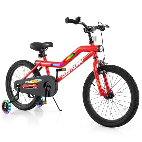 COSTWAY 18” Lighted Kids Bike, Children Sport Bicycle with LED Light-up Frame, Adjustable Saddle, Training Wheels, Handbrake & Coaster Brake, Kids Riding Bike for 4-8 Years Old Boys & Girls, Red