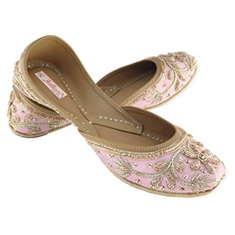 Fulkari Women's Murraya Pink Gold Genuine Soft Leather Juttis | Bite and Pinch Free Jutis | Punjabi Jutti For Ladies | Wedding Flat Stylish Mojari | Bridal Ethnic Flats For Girls | 39 Cover