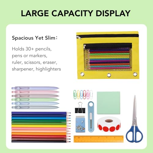 Image of Pencil Pouch for 3 Ring Binder, Heavy Duty Canvas Dual Zipper Pen Bag with Clear Window, Smooth Metal Zipper, Fit Standard 3-Ring Binders for School Office Travel Supplies (Yellow)