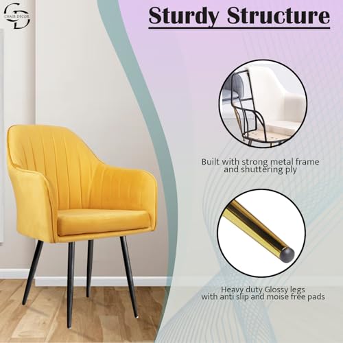 Image of Velvet Accent Chair | Luxury Upholstered Armchair with Sturdy Metal Legs | Modern Comfortable Chair for Living Room, Bedroom, Office, or Cafe (Black Legs, Yellow)