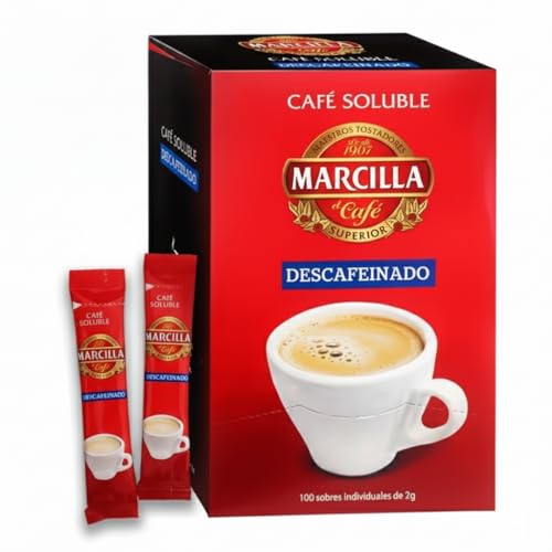 Marcilla Café Soluble Descafeinado, 100 Sobres Individuales de 2 g, Café Instantáneo Suave y Aromático, Formato Monodosis
