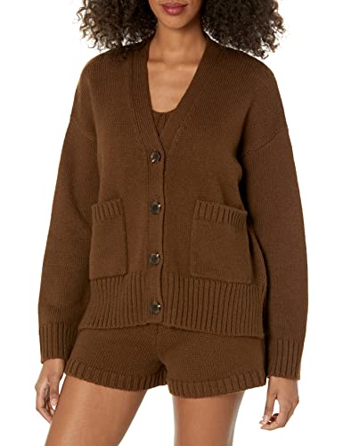 The Drop Women's Brigitte Chunky Button-Front Pocket Ribbed Cardigan, Coffee Bean, M