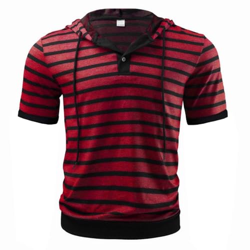 Xiaojmake Mens Short Sleeve Hoodie Striped Casual Drawstring Athletic Workout Fashion Pullover Button Up Hooded Henley Shirt4