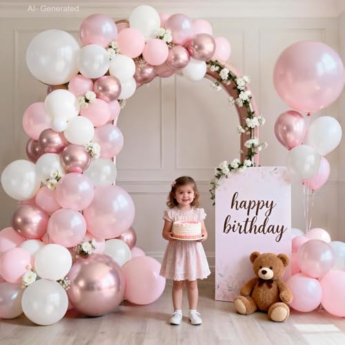 Image of Blocesa Pearl Pink White Balloons Arch Kit Double Stuffed, Party Decor. | Pastel /Light Pearl /Metallic Pink, White Balloons. Perfect for Coquette Wedding, Girl Birthday, Bridal Shower.