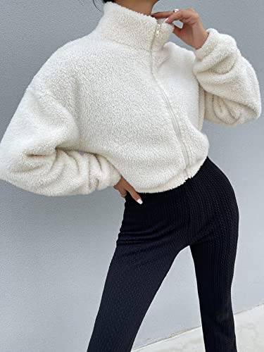 Soly Hux Women's 2023 Casual Faux Fur Sherpa Jacket Zip Up Drop Shoulder Fuzzy Coat Cropped Outwear Jacket Solid Beige L #TOP4